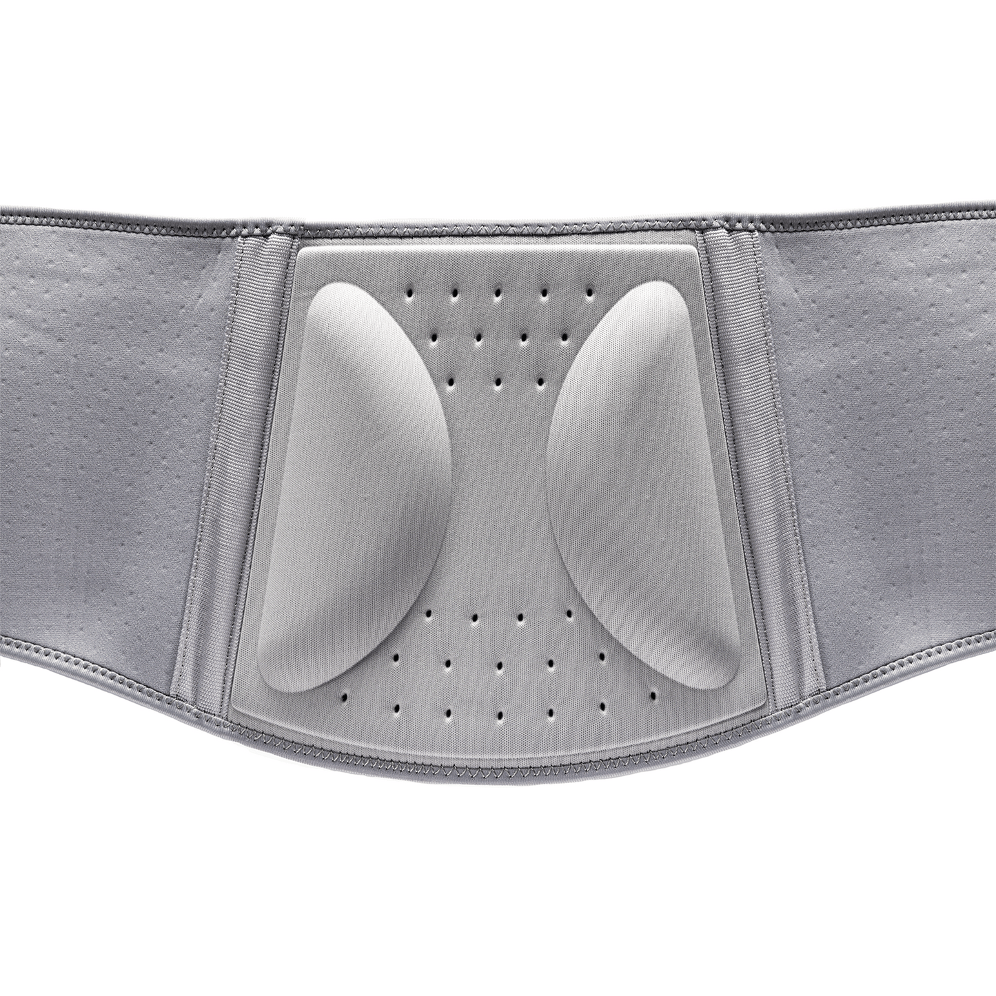 Close-up view of back support brace interior with contoured foam pads & perforation for breathability