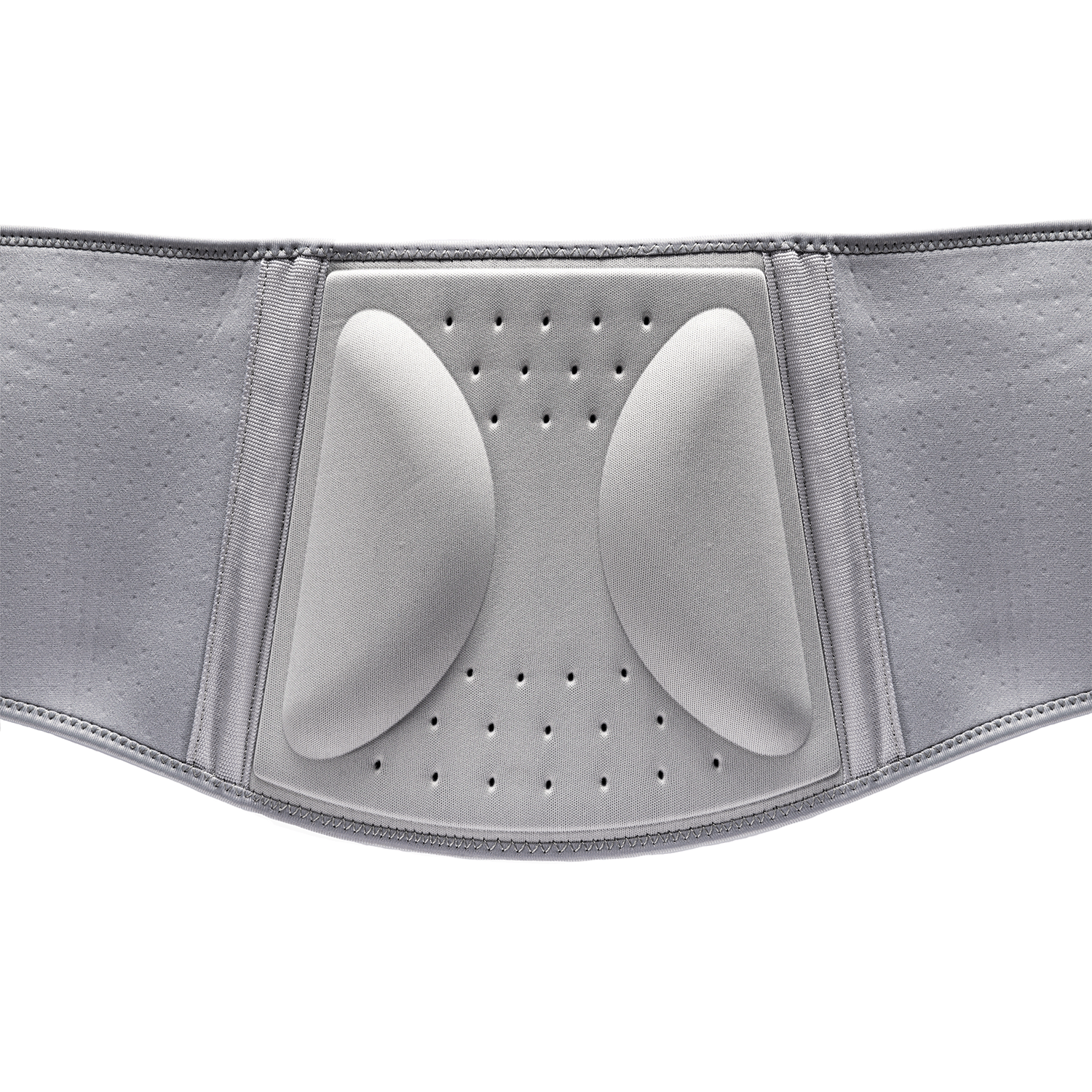 Close-up view of back support brace interior with contoured foam pads & perforation for breathability