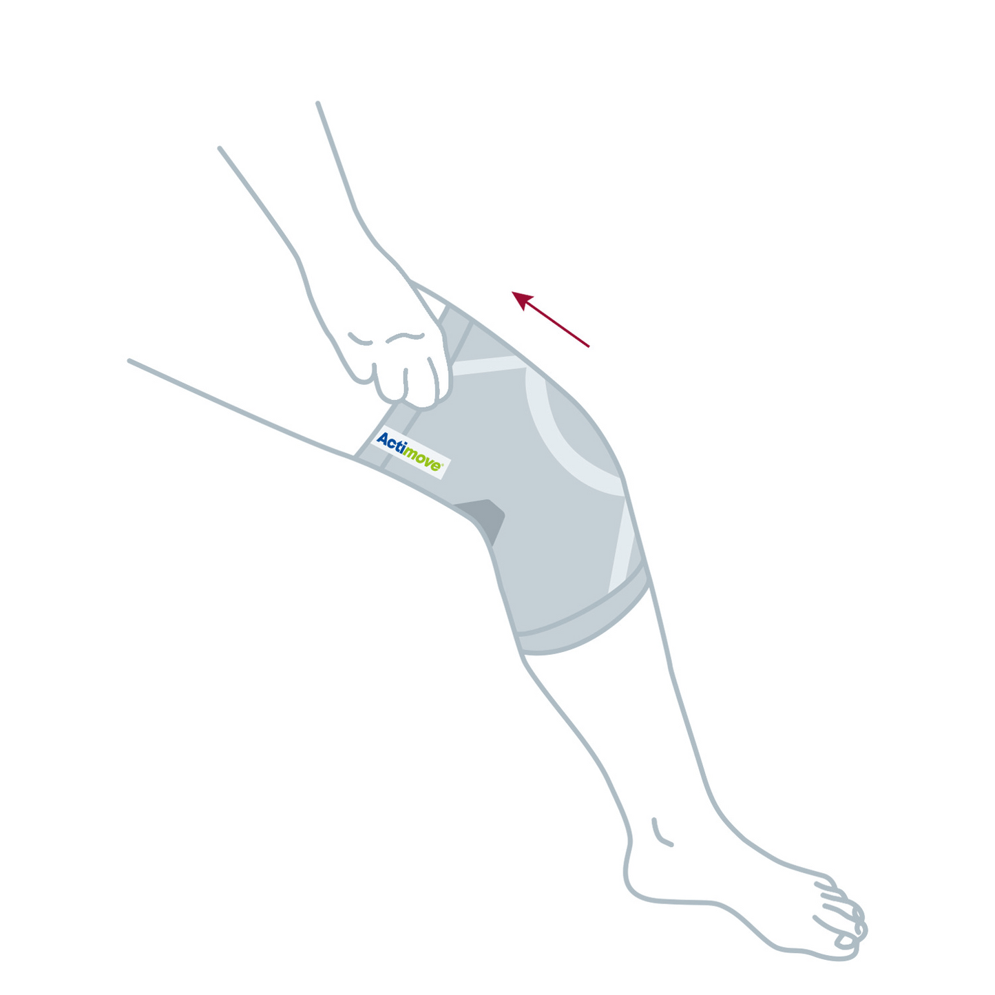 Instructions for wearing the Actimove Knee Support Closed Patella. It is one step/panel showing one pulling the sleeve up towards the body and away from the foot to put it on.