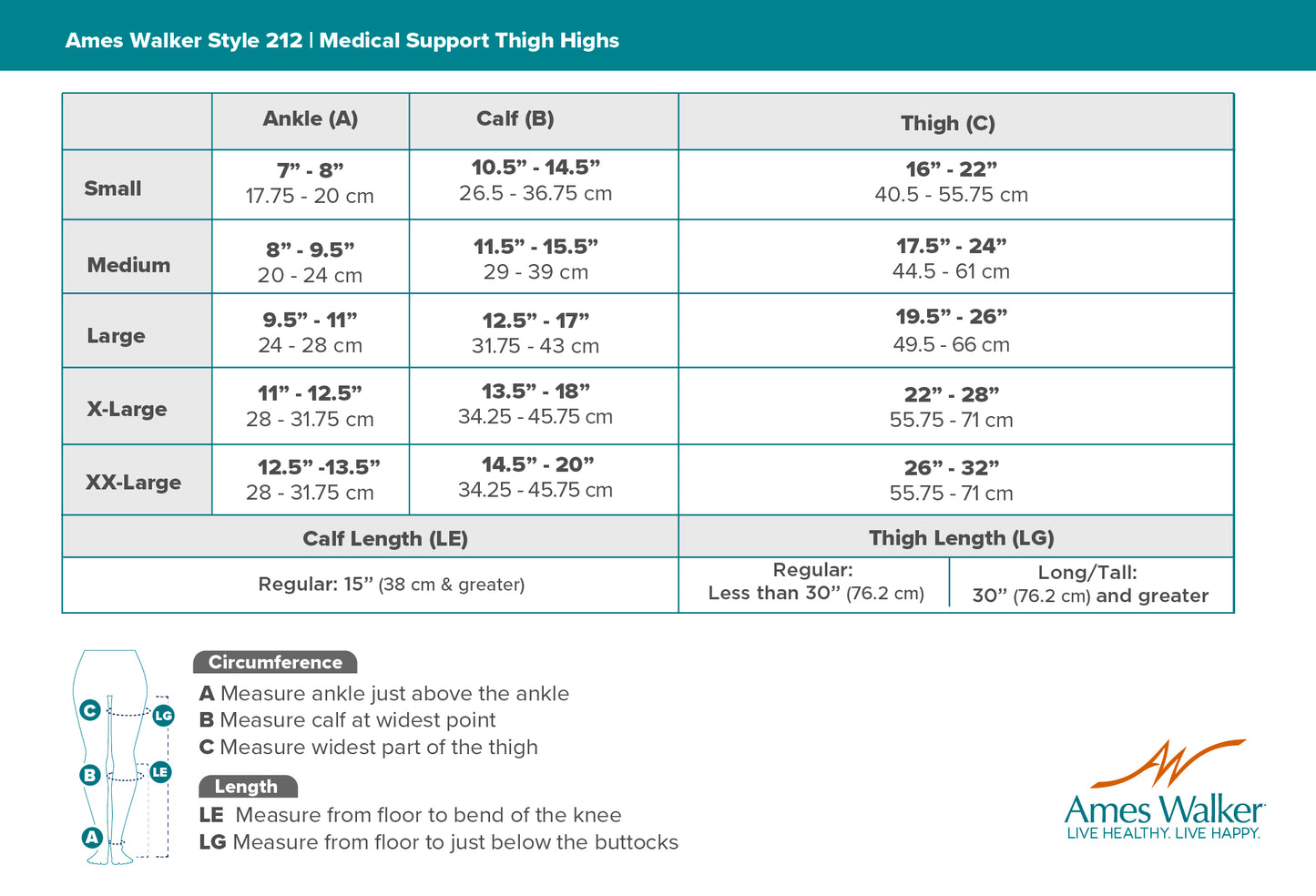 Size chart for Ames Walker Medical Support Thigh Highs with measurements in centimeters.