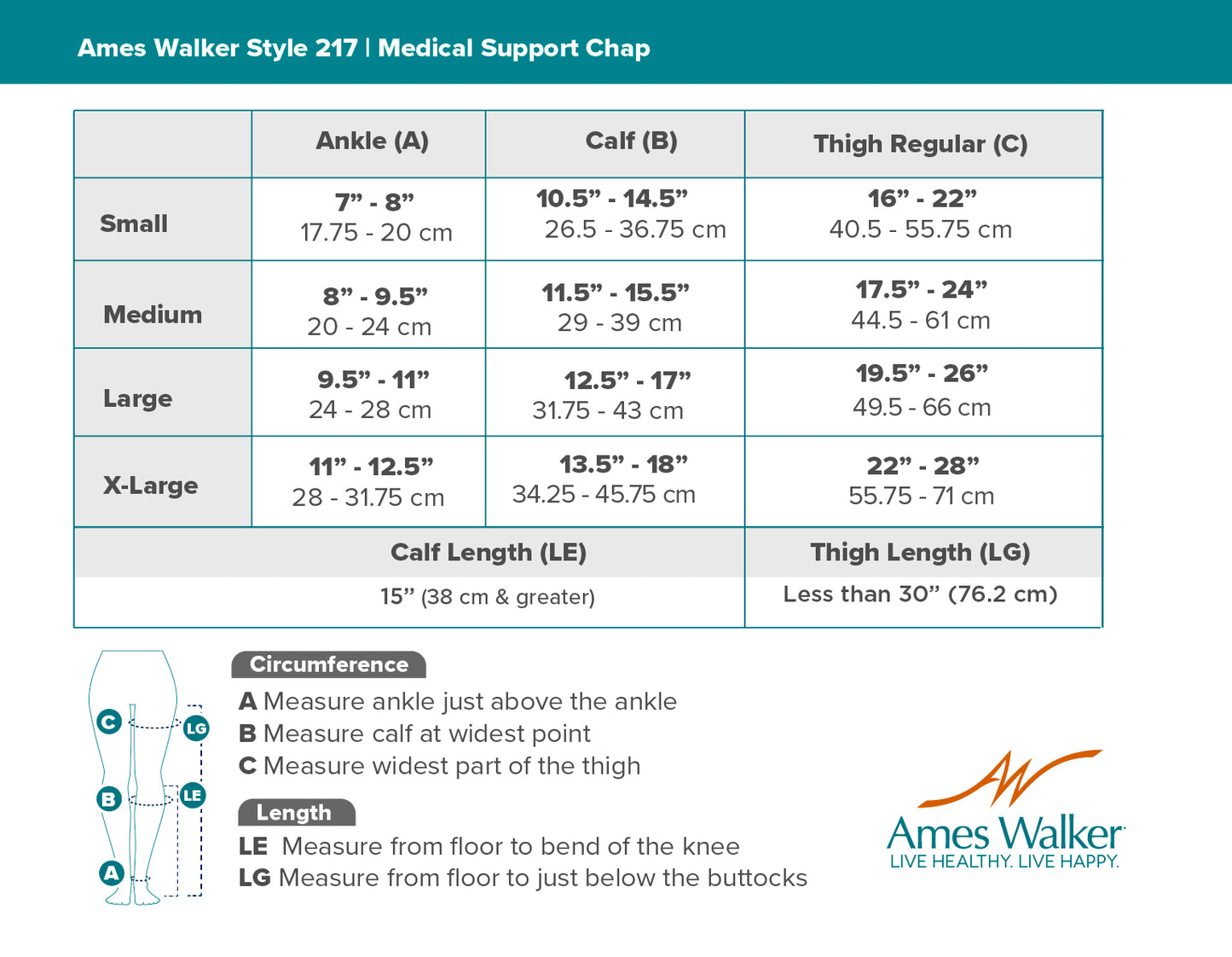Size chart for Ames Walker Style 217 Medical Support Chap with measurements in cm and inches.