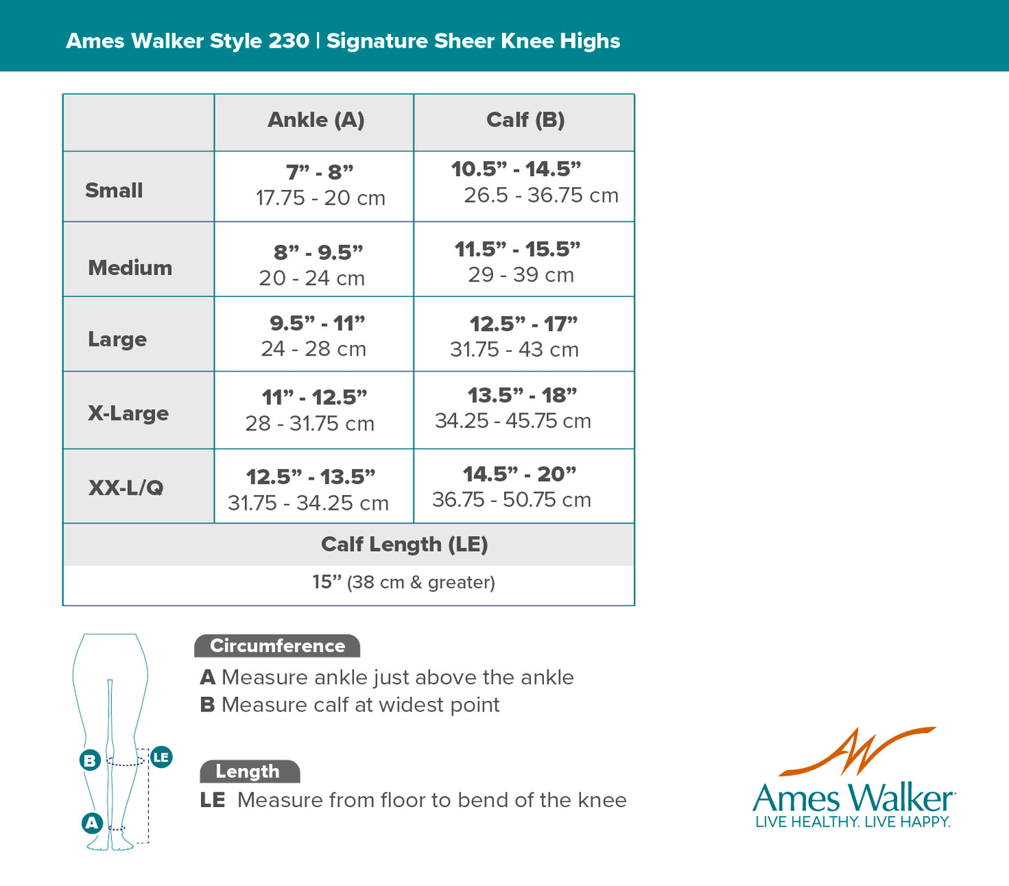 Size chart for Ames Walker Style 230 Signature Sheer Knee Highs with measurement details.