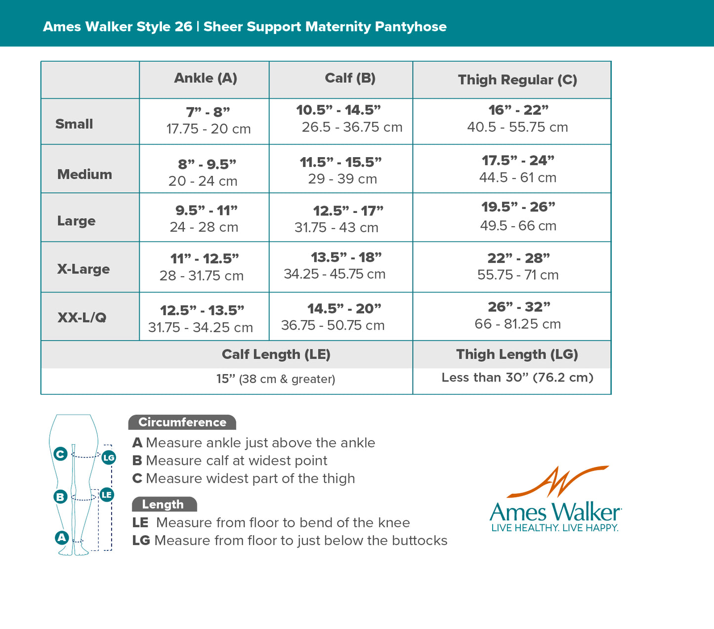 Size chart for Ames Walker Style 26 Sheer Support Maternity Pantyhose with measurement guide.