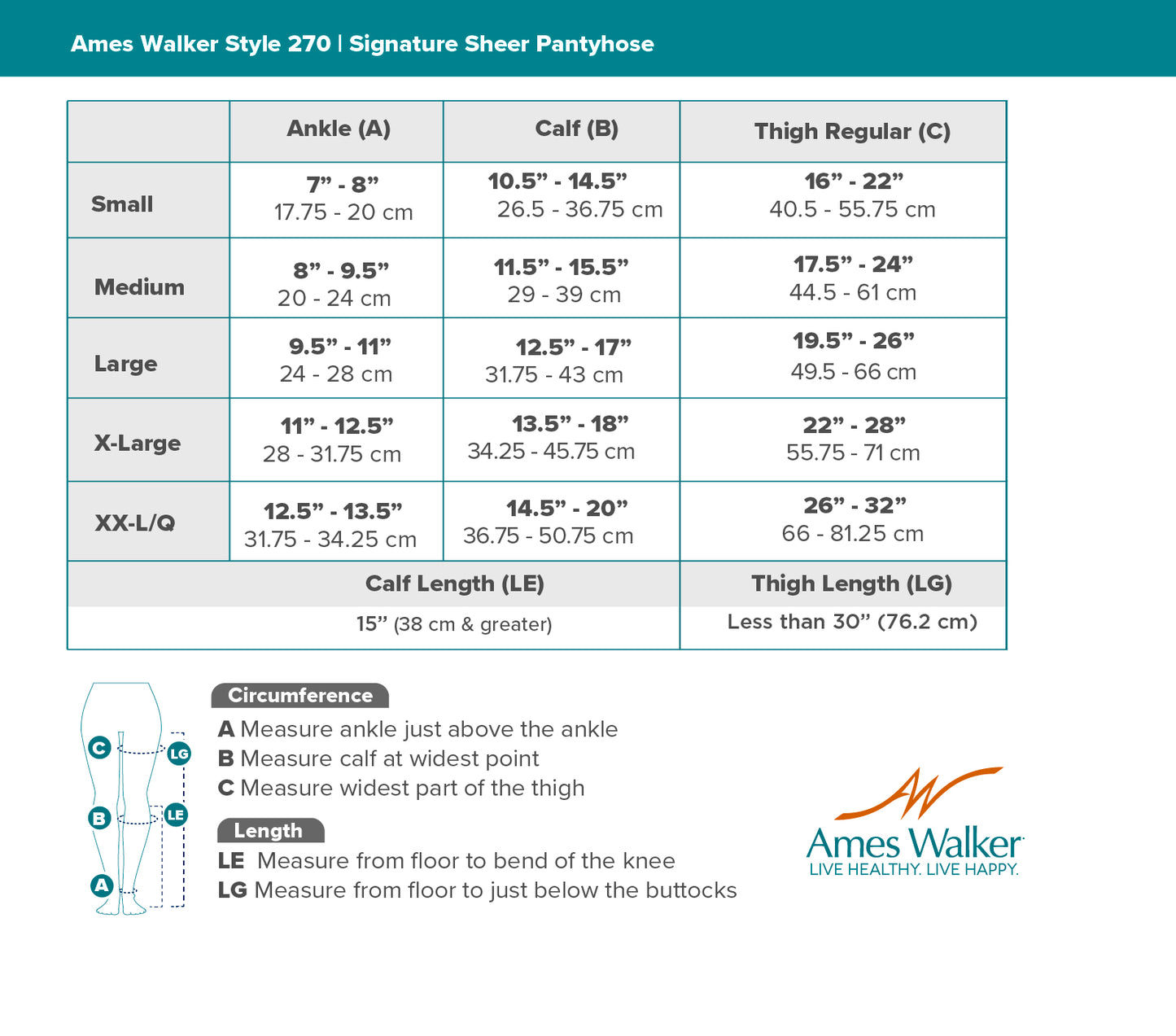 Size chart for Ames Walker Style 270 Signature Sheer Pantyhose with measurement guide.