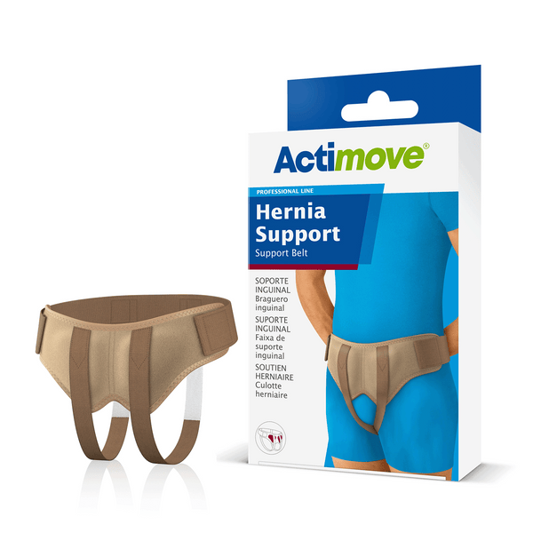 Image of Actimove Professional Line Hernia Support Belt packaging, with the product beside it. The beige belt is designed with flexible straps and removable foam cushions for inguinal hernia compression, featured as latex-free for sensitive skin.