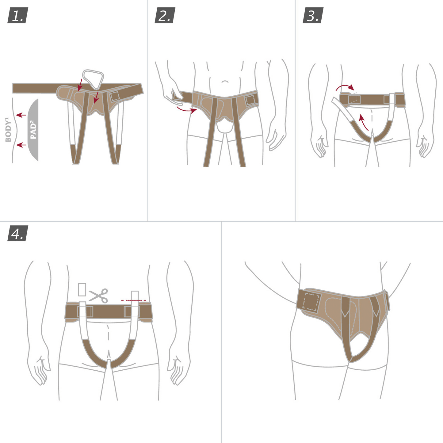 A four-panel instructional illustration of fitting a hernia support belt. In step 1, the belt is laid out flat, showing its interior padding and fasteners, with arrows indicating the direction to wrap around the body. Step 2 illustrates the belt being wrapped around the waist of a simplified, gender-neutral human figure. Step 3 shows the belt fastened at the front, with arrows indicating the adjustment of straps for snugness.