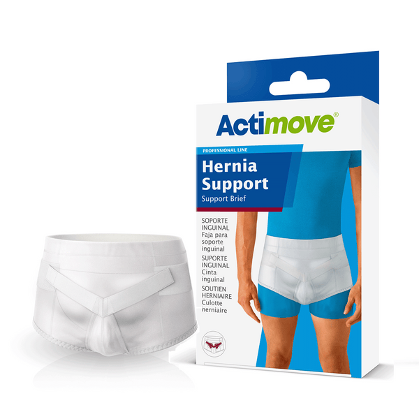 A product packaging image showing Actimove's Hernia Support Brief. To the left is an  image of the white hernia support brief with adjustable straps and reinforced panels. On the right side, a box with a model is depicted wearing the brief over blue shorts. Text on the package is multilingual, listing 'Hernia Support' and 'Support Brief' among other translations, indicating the product's purpose. The package design indicates a professional line of health support wear.