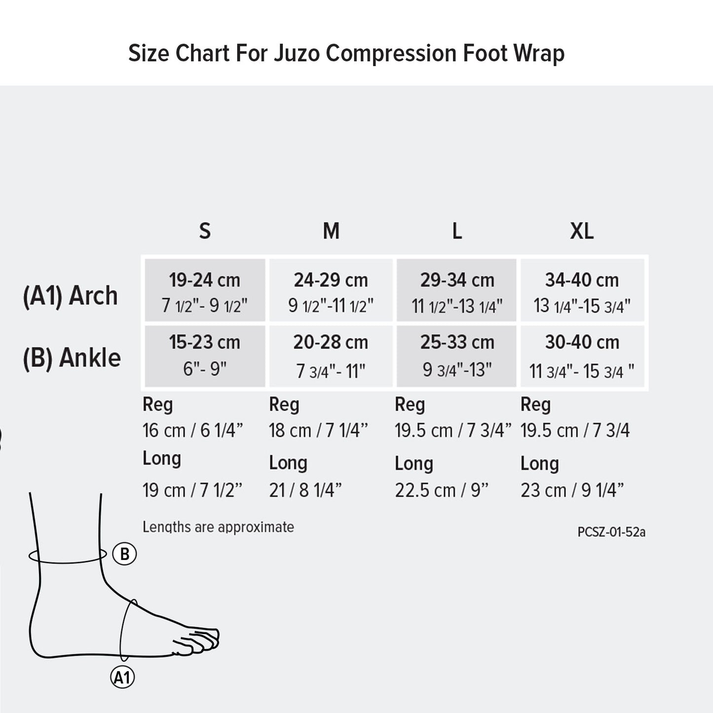 Size chart for Juzo compression foot wrap with measurements and diagram of foot.