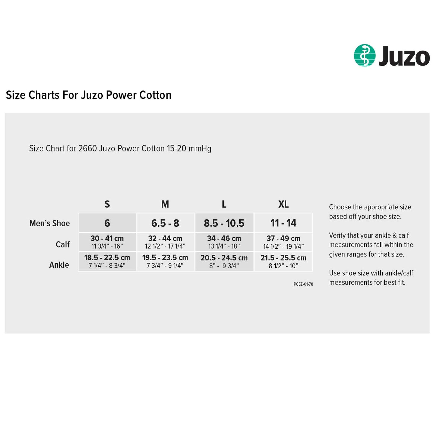 Juzo Power Cotton size chart for men's shoes and calfs on a white background