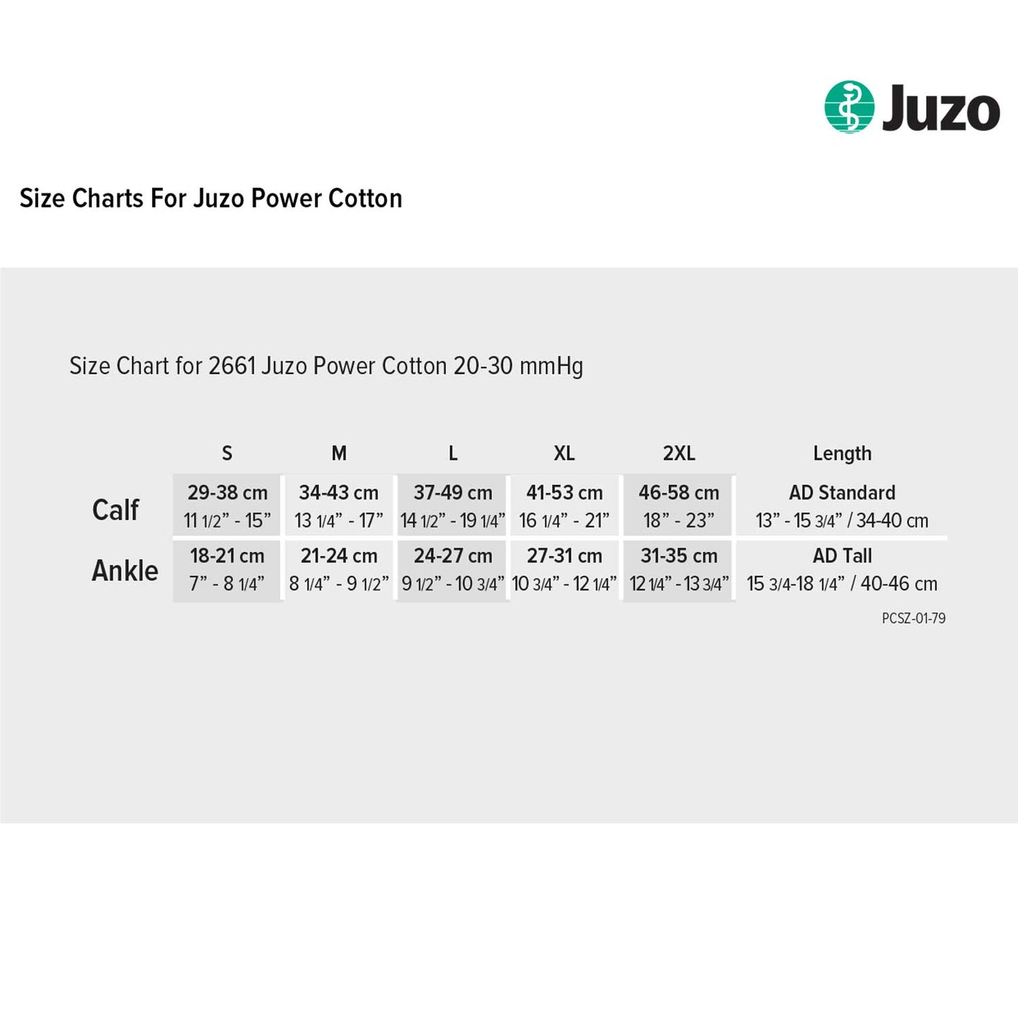 Size chart for Juzo Power Cotton 20-30 mmHg compression stockings on a white background