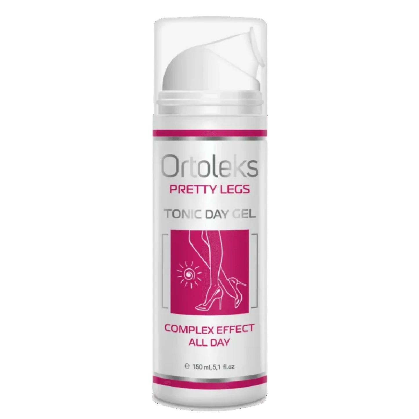 Ortoleks Pretty Legs Tonic Day Gel in a white cylindrical pump bottle with pink and gray text and graphics, shown on a plain white background.