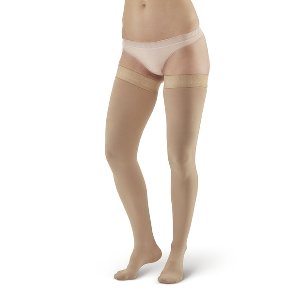 AW Style 292 Luxury Opaque Closed Toe Thigh Highs w/Dot Silicone Band - 20-30 mmHg - Beige