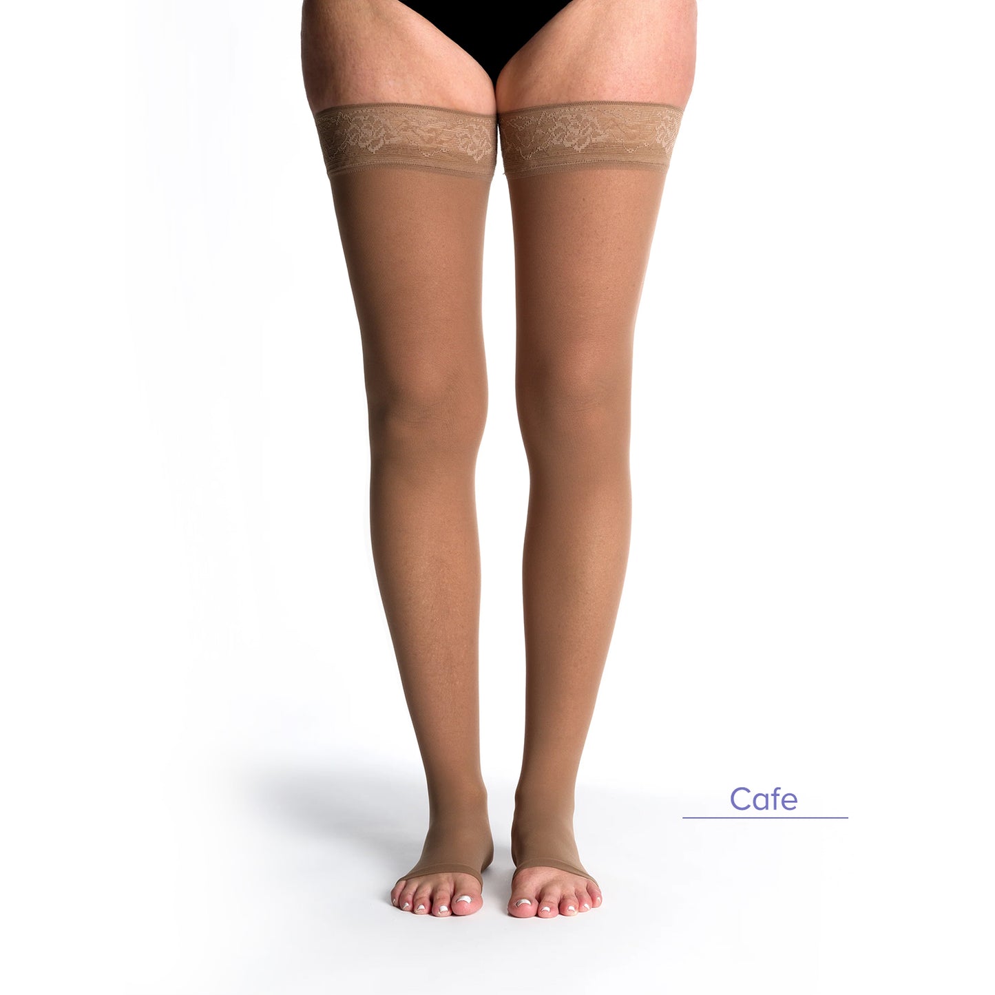 Sigvaris Style 782 Women's Sheer Open Toe Thigh Highs w/Grip Top 20-30 mmHg Cafe