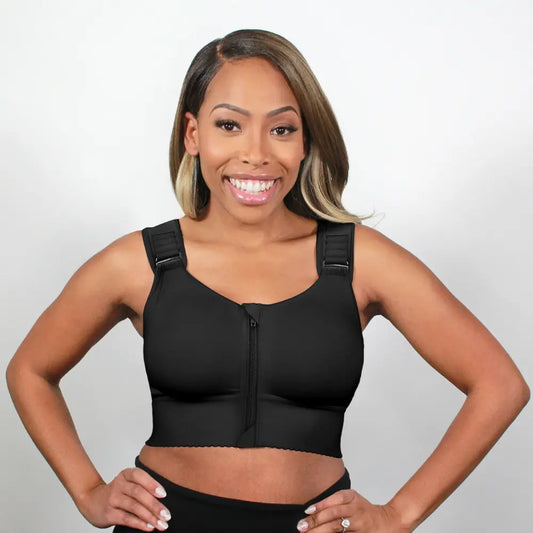 ABC 619 Restore Bra - Woman wearing black Woman wearing Black ABC 619 Restore compression bra showing front zipper.