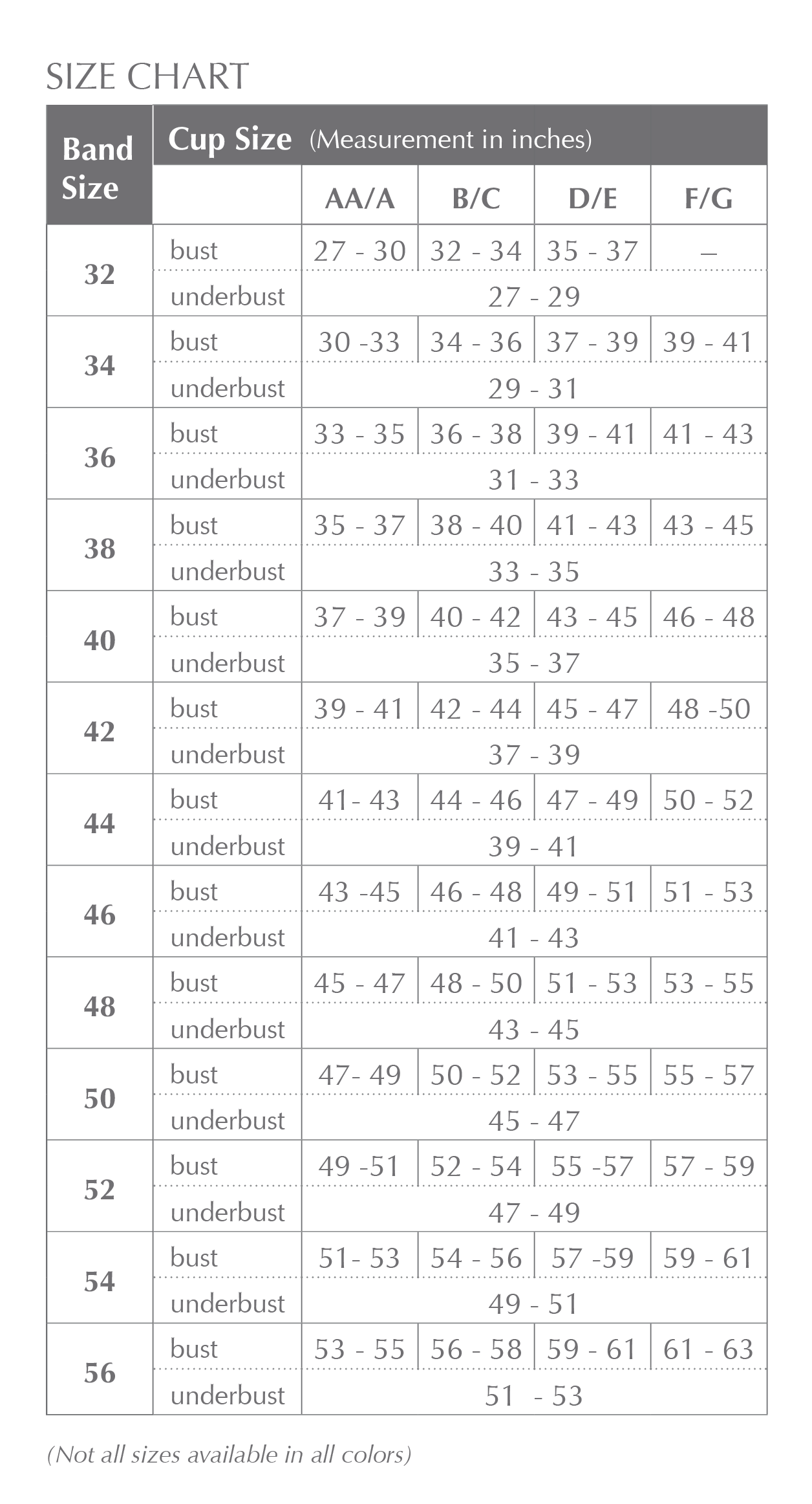 Size chart for the ABC 619 Compression bra