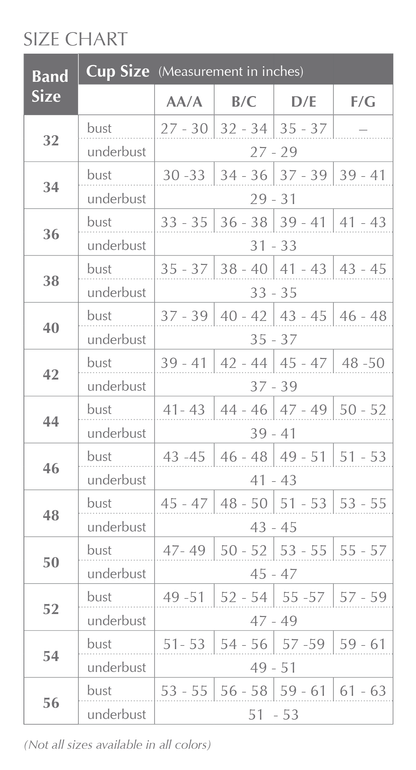 Size chart for the ABC 619 Compression bra