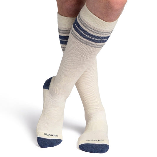 Sigvaris Motion Thermoregulating Wool Knee High 20-30mmHg - Sigvaris Motion Thermoregulating Wool Knee High 20-30mmHg Cream with navy and grey stripes