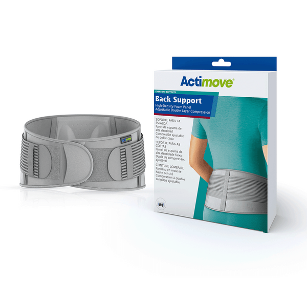 A promotional image featuring Actimove Back Support product. On the left, there's a 3D view of a gray back support brace w/ adjustable straps & ventilation holes. A yellow tag indicates the brand name 'Actimove.' On the right, product is shown packaged in a box. The box has 'Actimove' branding at the top, an image of a person wearing the brace, & text highlighting features like High-Density Foam Panel' & 'Adjustable Double Layer Compression.' The background is white, emphasizing the product.