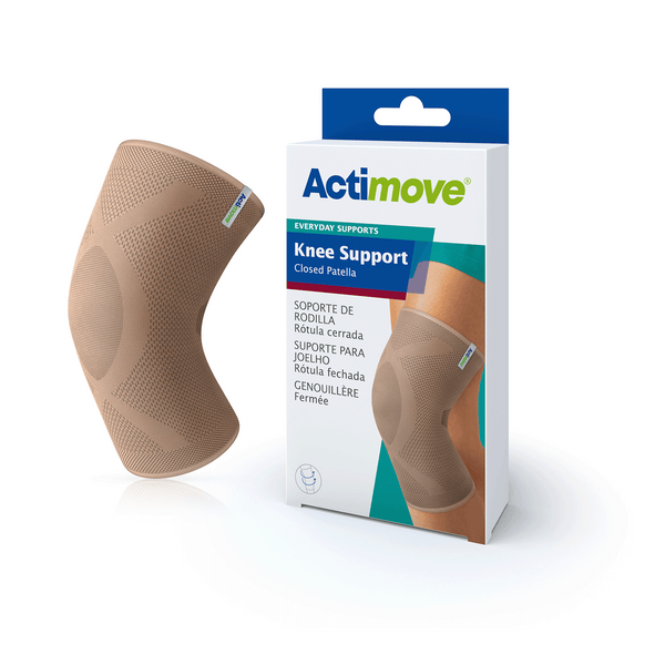 Actimove Knee Support Closed Patella packaging with 3D product to the left