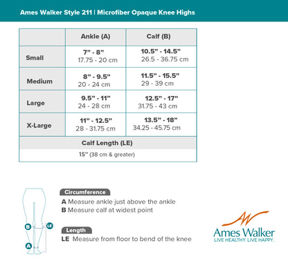 Size chart for Ames Walker Style 211 microfiber opaque knee highs with measurement details.