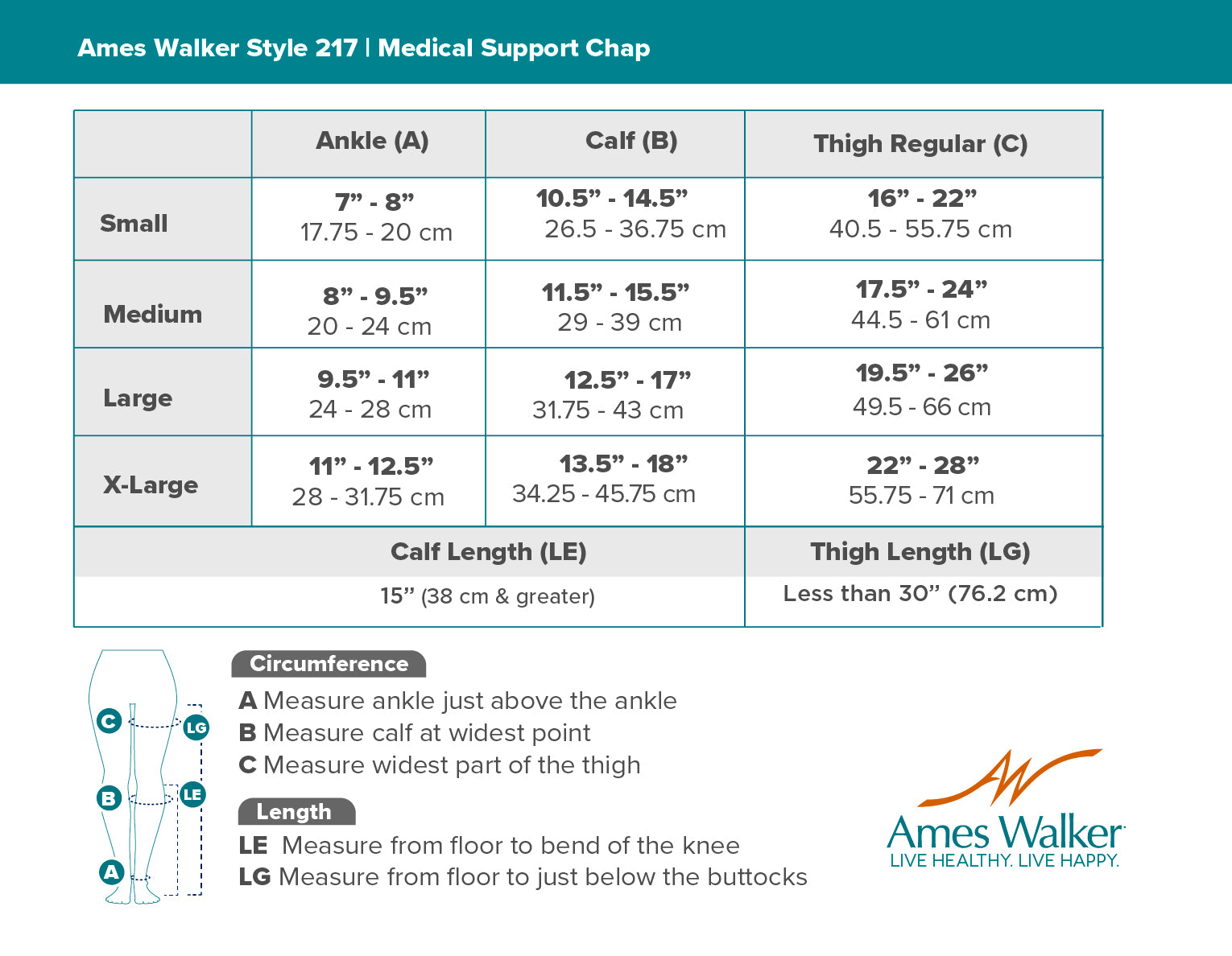 Size chart for Ames Walker Style 217 Medical Support Chap with measurements in cm and inches.