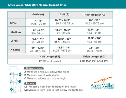 Size chart for Ames Walker Style 217 Medical Support Chap with measurements in cm and inches.