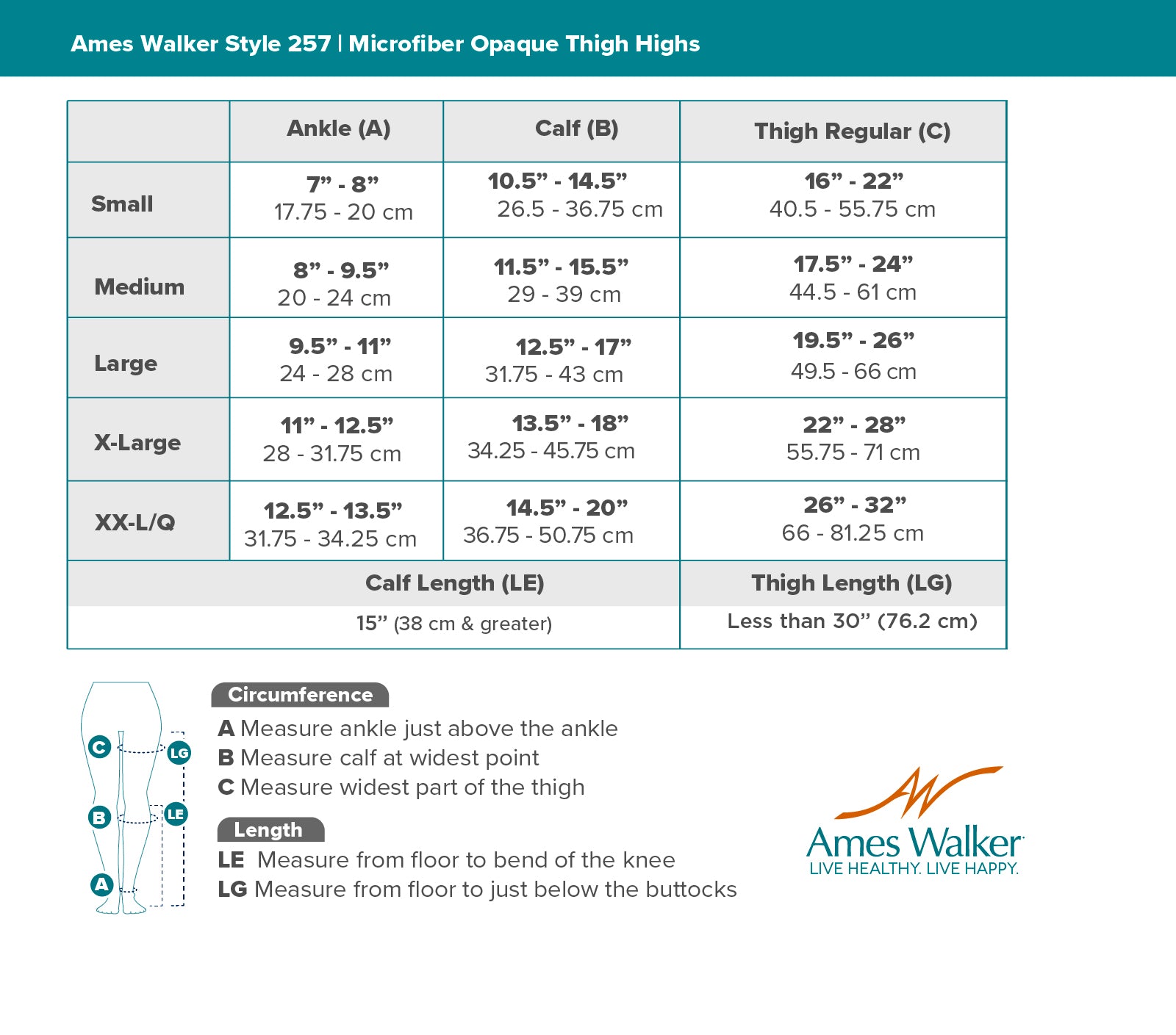 Size chart for Ames Walker Style 257 Microfiber Opaque Thigh Highs with measurement guide.