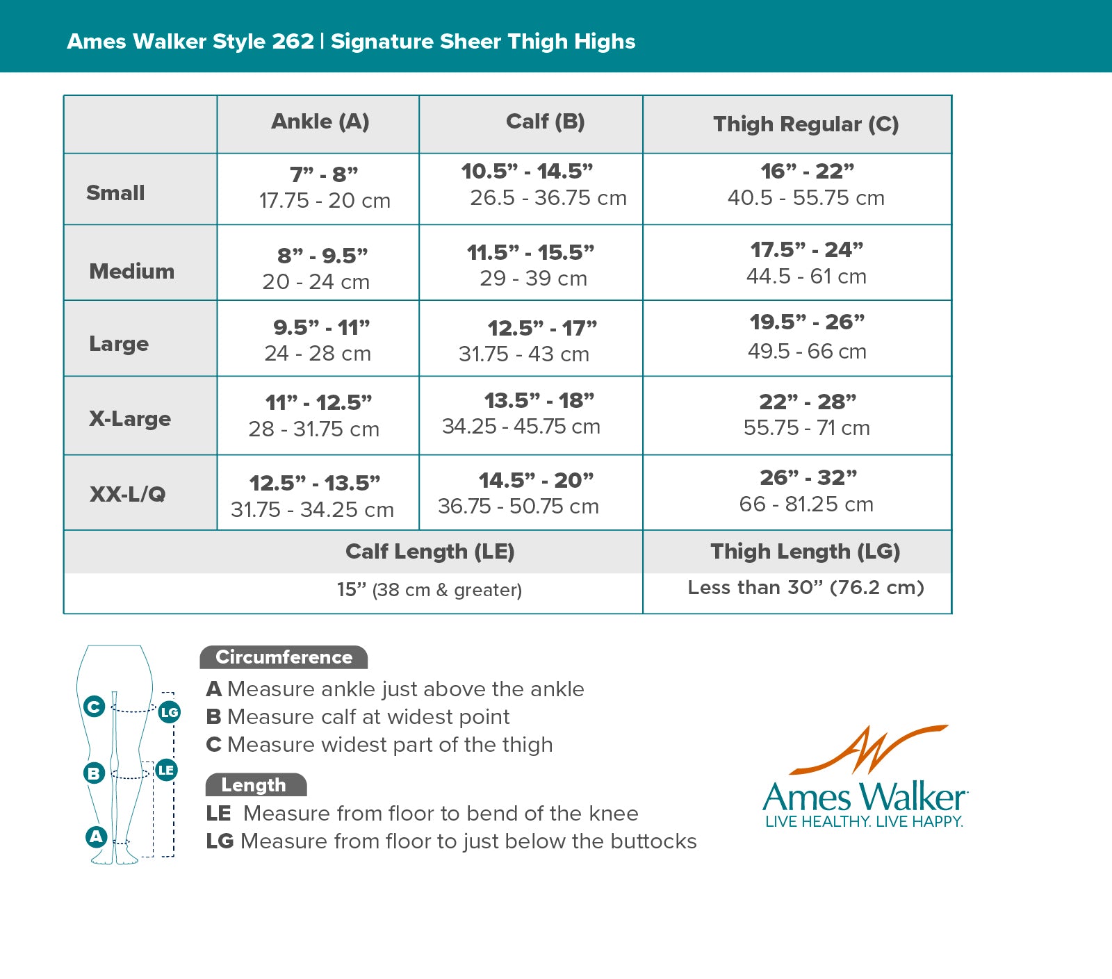Measurement chart for Ames Walker Style 262 Signature Sheer Thigh Highs with size guide and measurement instructions.