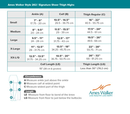 Measurement chart for Ames Walker Style 262 Signature Sheer Thigh Highs with size guide and measurement instructions.