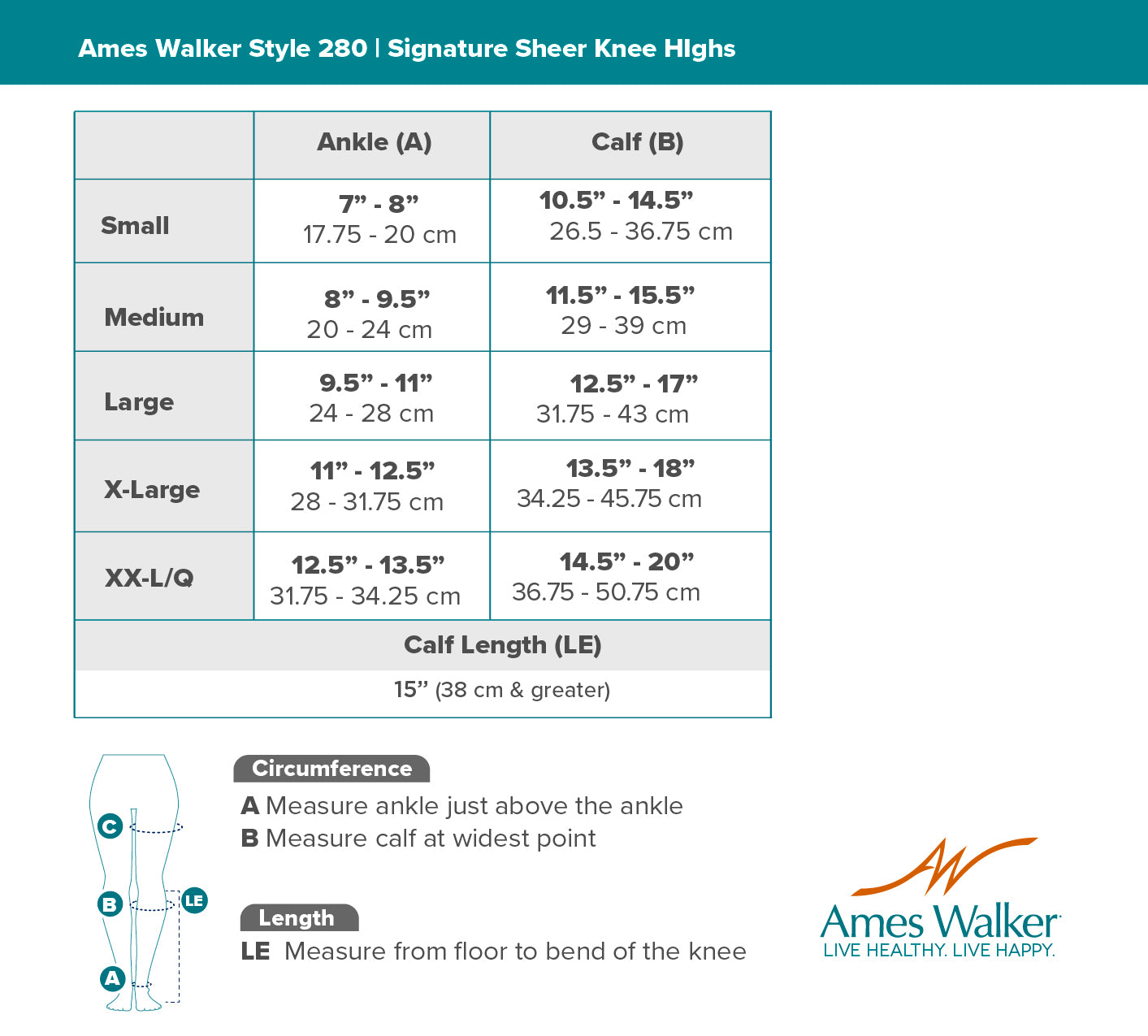 Ames Walker knee high socks size chart with measurements for ankle and calf.