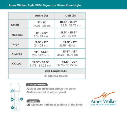 Ames Walker knee high socks size chart with measurements for ankle and calf.