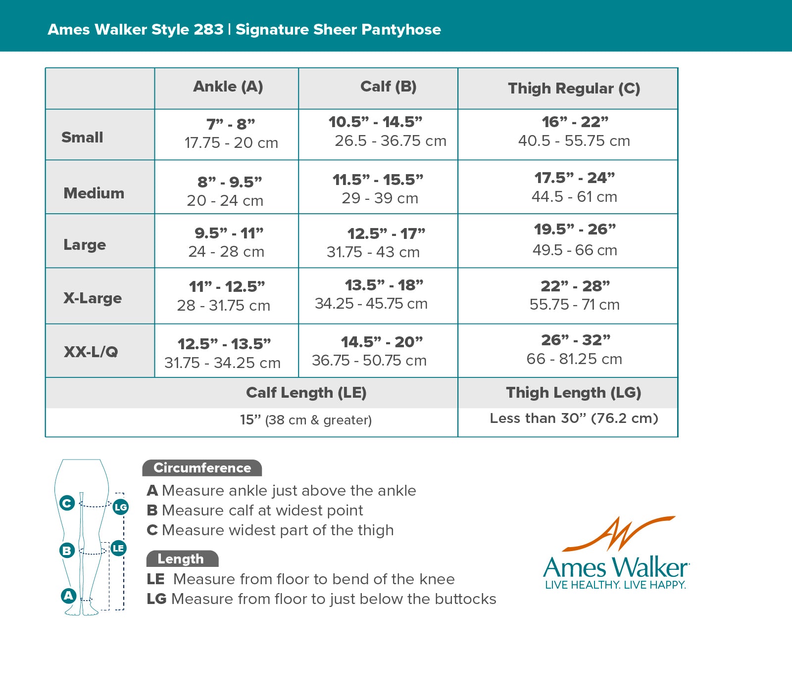 Size chart for Ames Walker Style 283 Signature Sheer Pantyhose with measurement guide.