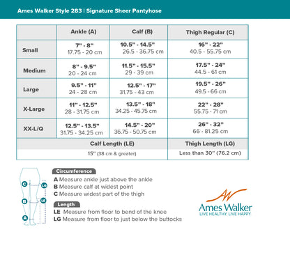 Size chart for Ames Walker Style 283 Signature Sheer Pantyhose with measurement guide.