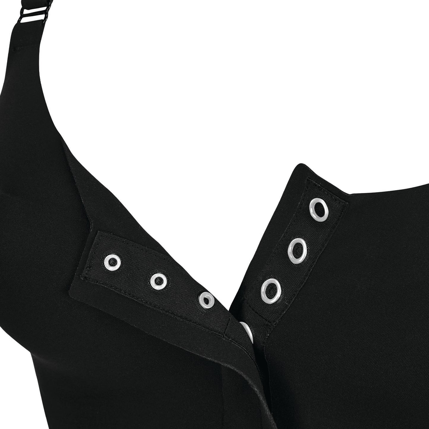 Close-up of a black bra orwith adjustable hook-and-eye closure and a shoulder strap, shown on a white background.
