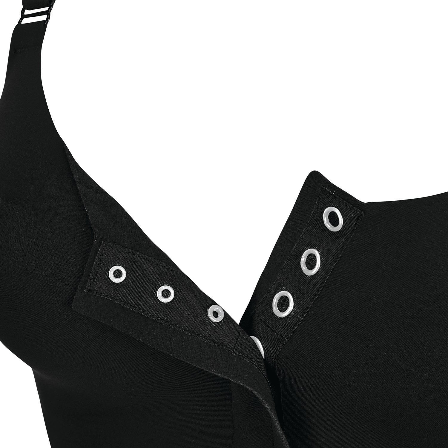 Close-up of a black bra orwith adjustable hook-and-eye closure and a shoulder strap, shown on a white background.