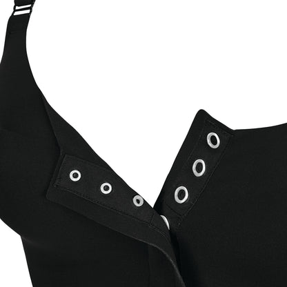 Close-up of a black bra orwith adjustable hook-and-eye closure and a shoulder strap, shown on a white background.