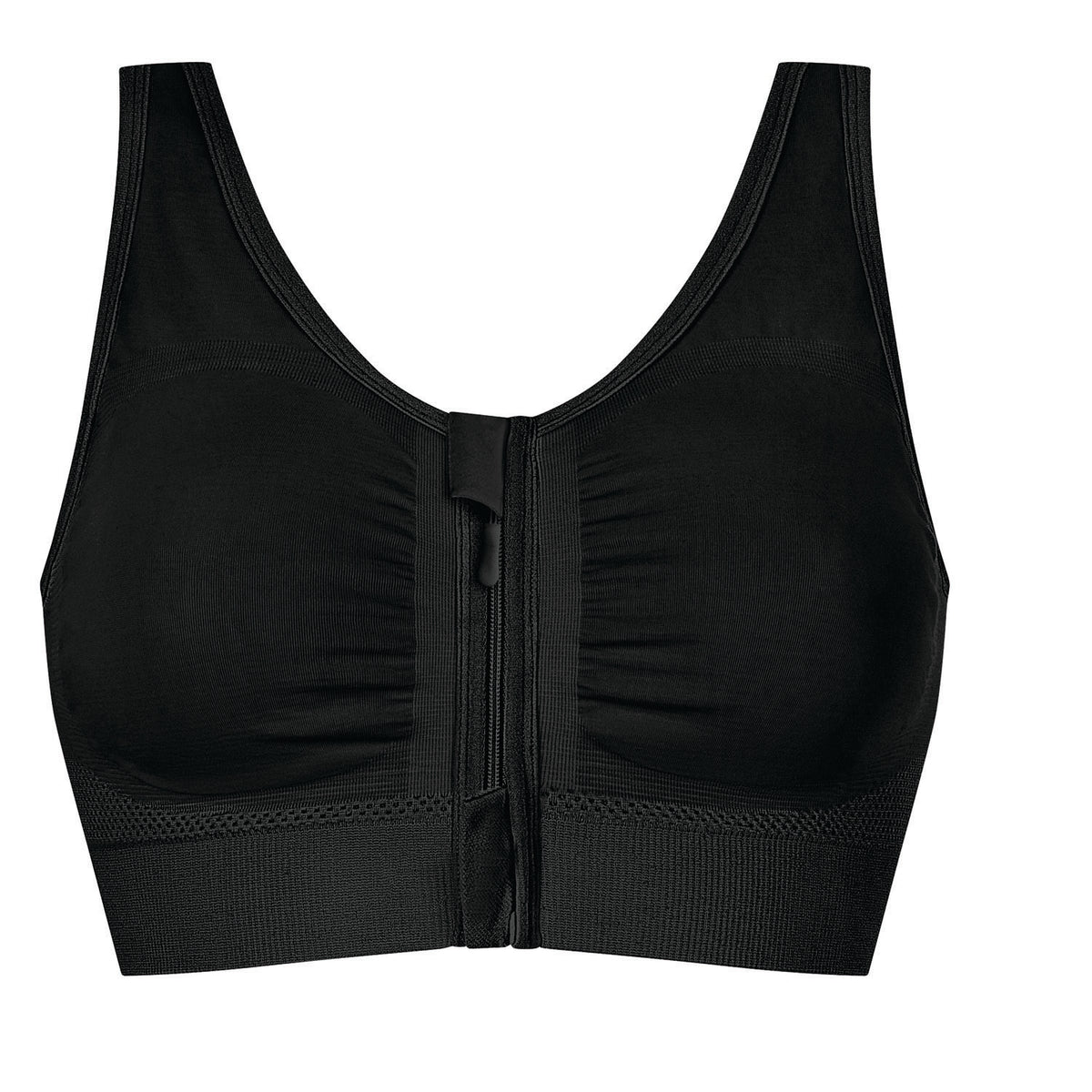 A black wireless bralette with a center front zipper, ruched cups, and a wide ribbed underband, shown against a plain white background.