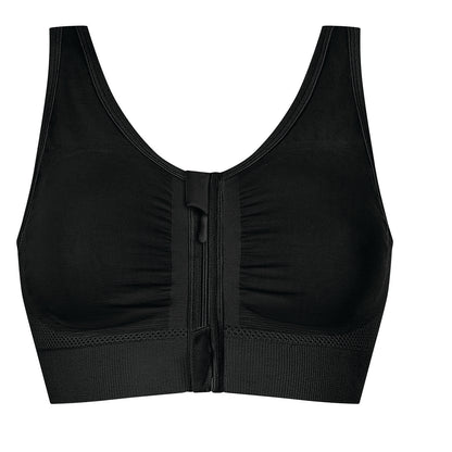 A black wireless bralette with a center front zipper, ruched cups, and a wide ribbed underband, shown against a plain white background.