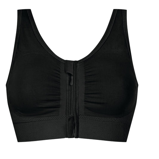 Amoena Emilia Wire-Free Front Closure Bra - A black wireless bralette with a center front zipper, ruched cups, and a wide ribbed underband, shown against a plain white background.