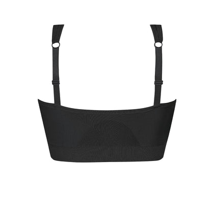 A black wide-strap underwire bralette with a textured fabric and adjustable shoulder straps, shown against a plain white background.