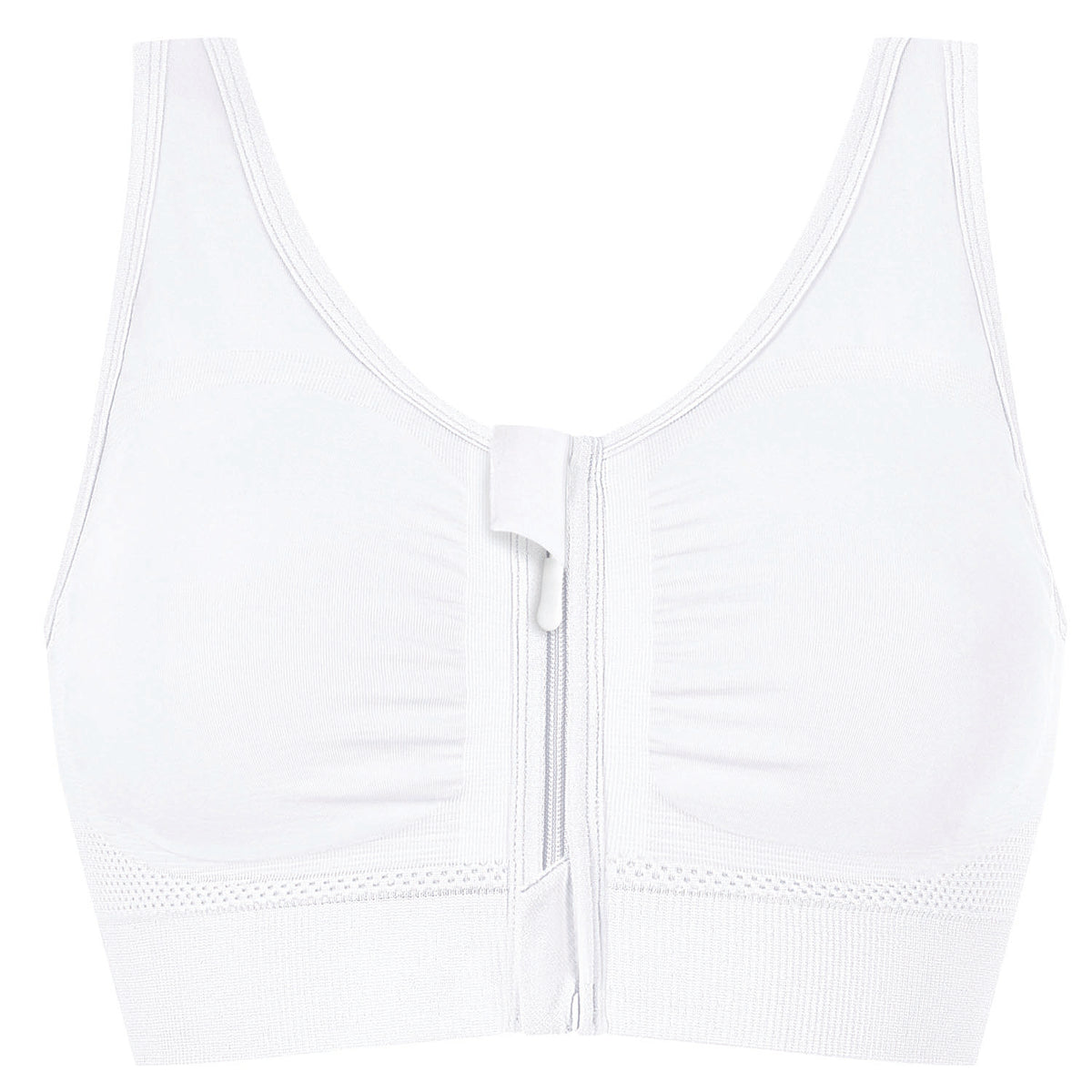 White wireless bralette with a center front tie closure and subtle textured mesh trim along the underband, shown on a plain white background.