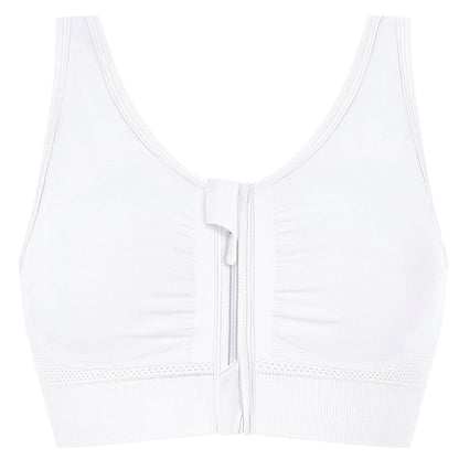 White wireless bralette with a center front tie closure and subtle textured mesh trim along the underband, shown on a plain white background.