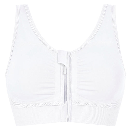 Amoena Emilia Wire-Free Front Closure Bra - White wireless bralette with a center front tie closure and subtle textured mesh trim along the underband, shown on a plain white background.