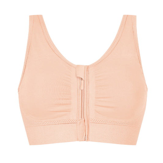 Amoena Emilia Wire-Free Front Closure Bra - A peach-colored wireless bralette with a front center zipper, shown against a plain white background.