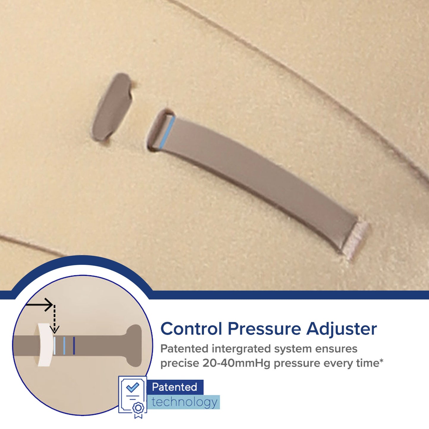 Control pressure adjuster on a beige background with text highlighting patented technology. Thuasne Biflex