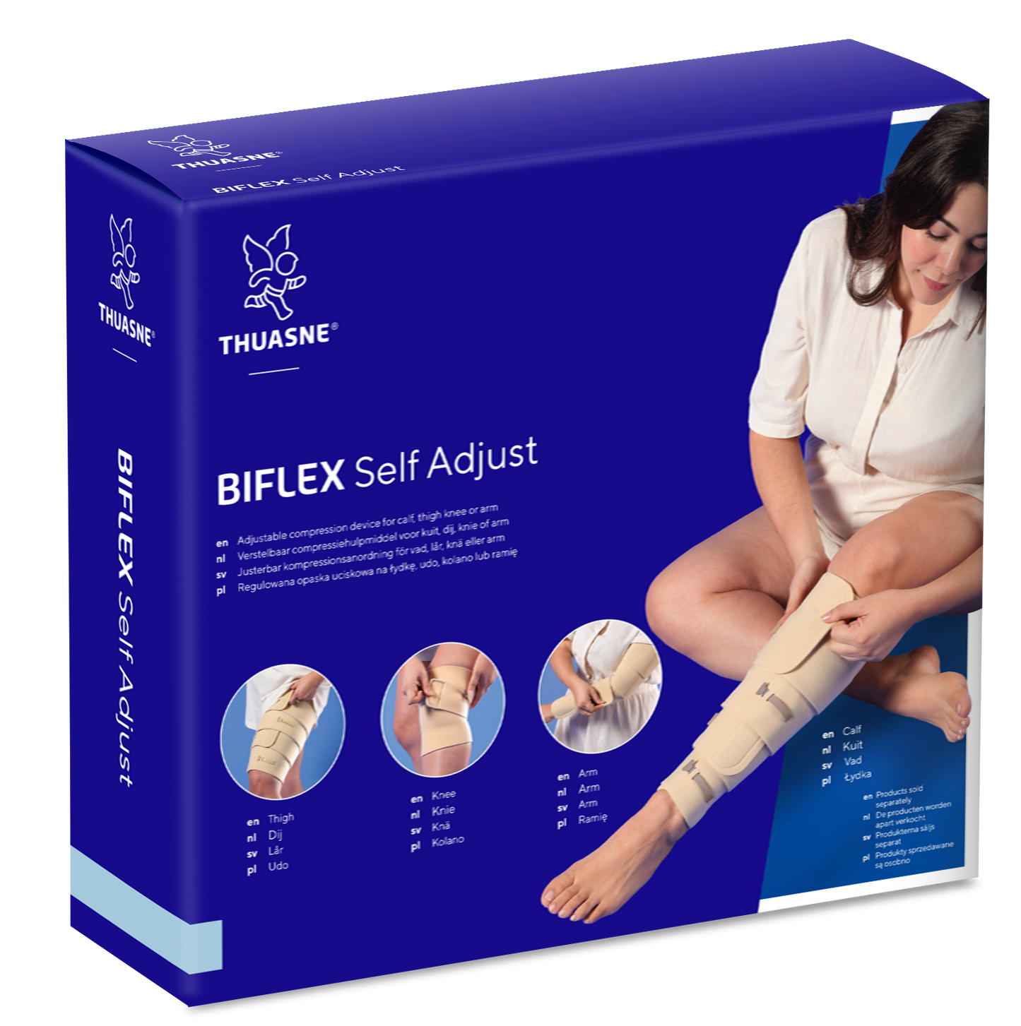 Box of Thuasne Biflex Self Adjust compression device with a person using the product on a white background.