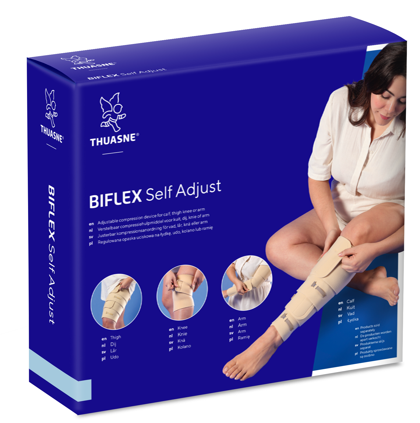 Box of Thuasne Biflex Self Adjust compression device with a person using the product on a white background.