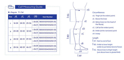Calf measuring guide with size chart and diagram on a blue background