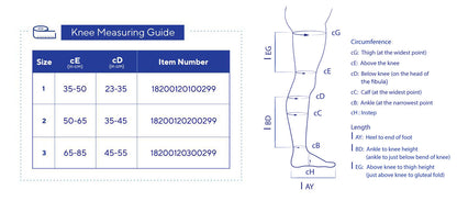 Knee measuring guide with size chart and diagram
