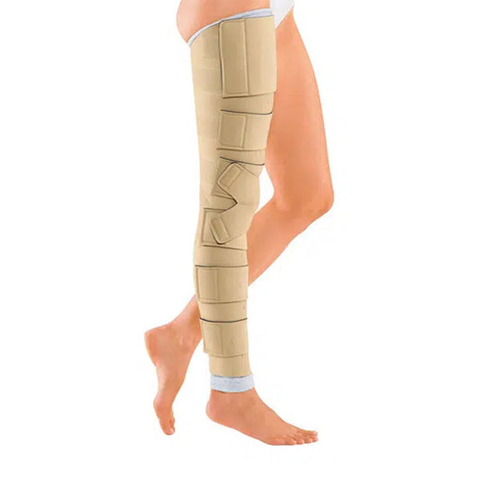 Circaid Juxtafit Essentials Whole Leg Left Short (Upper Leg / Lower Leg) - Beige Circaid Juxtalite Full Leg on a person's leg against a white background